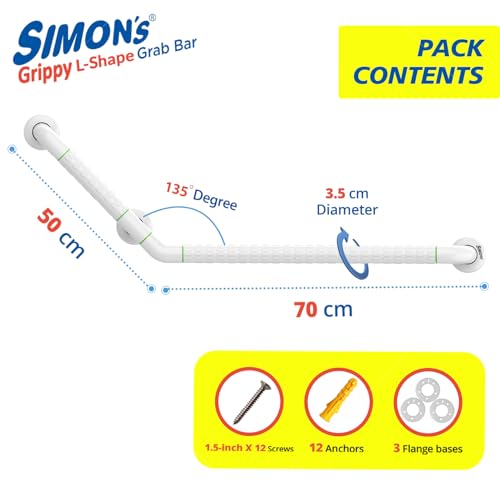 Simon's Grippy Heavy-Duty Nylon + SS304 Inside Bathroom and Toilet Anti Slip 90 Degree Grab bar for Elderly Hand Railing and Safety Handle| White | 3.5 cm Broad, 70cm X 50 cm L-Shape Grab Rail - Image 2