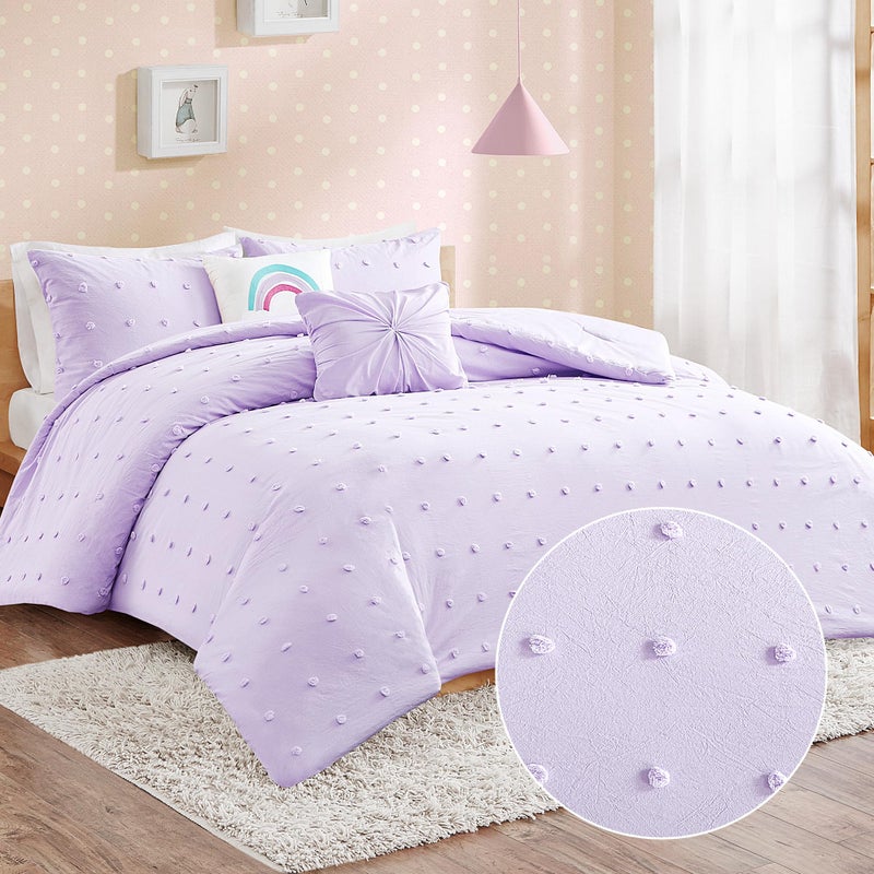 Urban Habitat Kids Urban Habitat Kids Callie Cotton Jacquard Weave Colorful Pom Pom Kids Comforter sets Down Alternative Shabby Chic All Season Girls Bedding Bedroom Decor FullQueen Lavender 5 Piece 