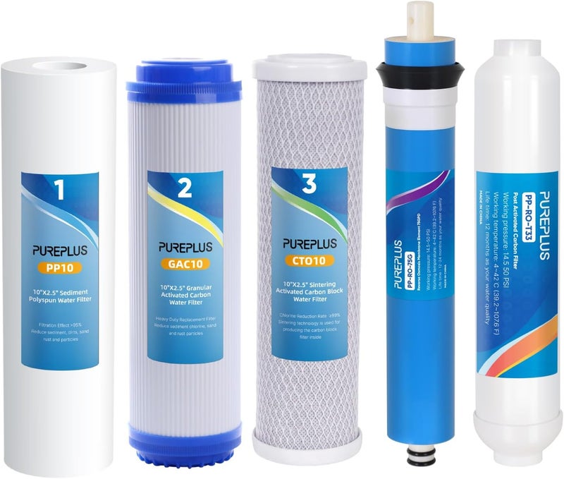 Pure Plus Reverse Osmosis Replacement Water Filters Pack Set for Standard 5 Stage Reverse Osmosis RO Systems with 75 GPD RO Membrane, Stage 1 to 5, Under Sink Replacement Cartridge Filters - Image 1