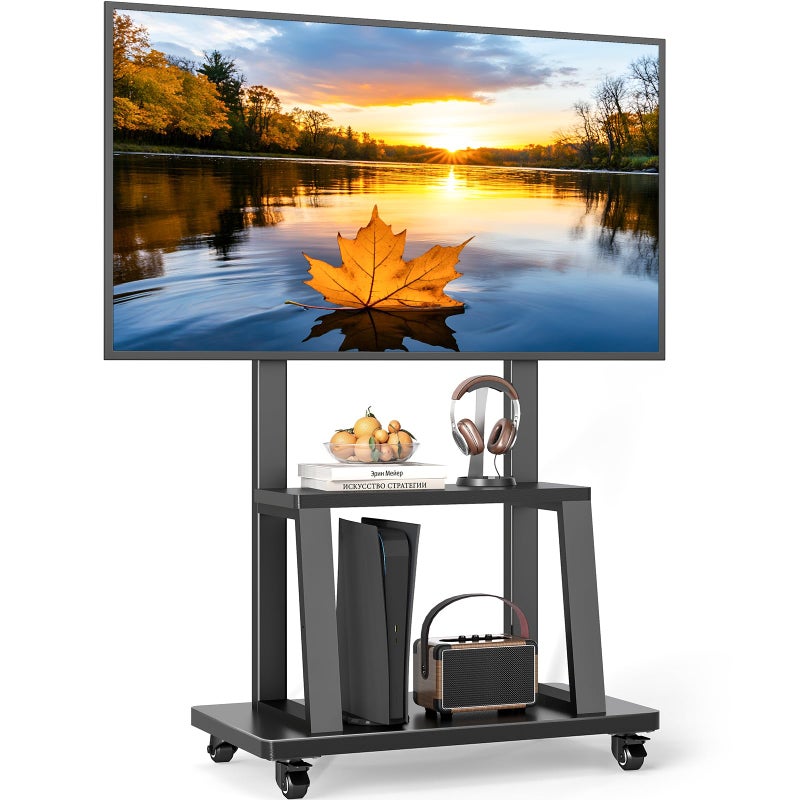 Rfiver Mobile TV Cart Rolling TV Stand for 37-75 inch TVs Up to 150lbs, Heavy-Duty Portable TV Stand on Wheels with 2-Tier Wooden Storage Shelves, Height Adjustable, Max VESA 600x400mm, Black - Image 1
