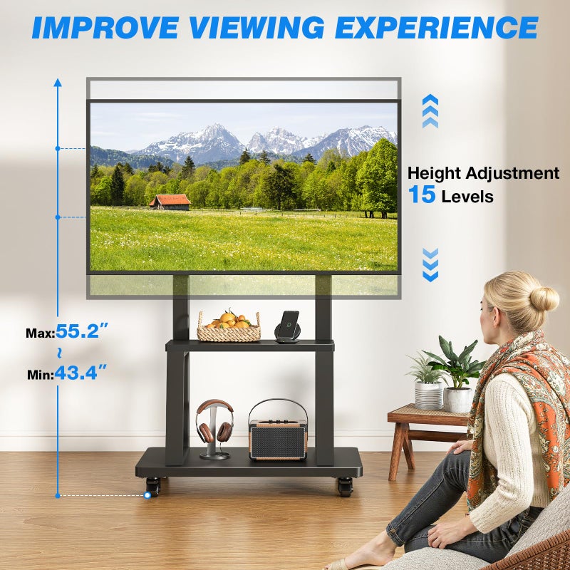 Rfiver Mobile TV Cart Rolling TV Stand for 37-75 inch TVs Up to 150lbs, Heavy-Duty Portable TV Stand on Wheels with 2-Tier Wooden Storage Shelves, Height Adjustable, Max VESA 600x400mm, Black - Image 4