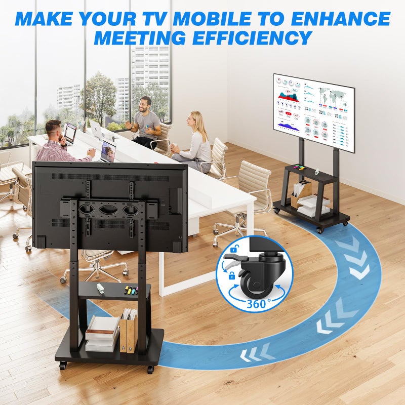 Rfiver Mobile TV Cart Rolling TV Stand for 37-75 inch TVs Up to 150lbs, Heavy-Duty Portable TV Stand on Wheels with 2-Tier Wooden Storage Shelves, Height Adjustable, Max VESA 600x400mm, Black - Image 5
