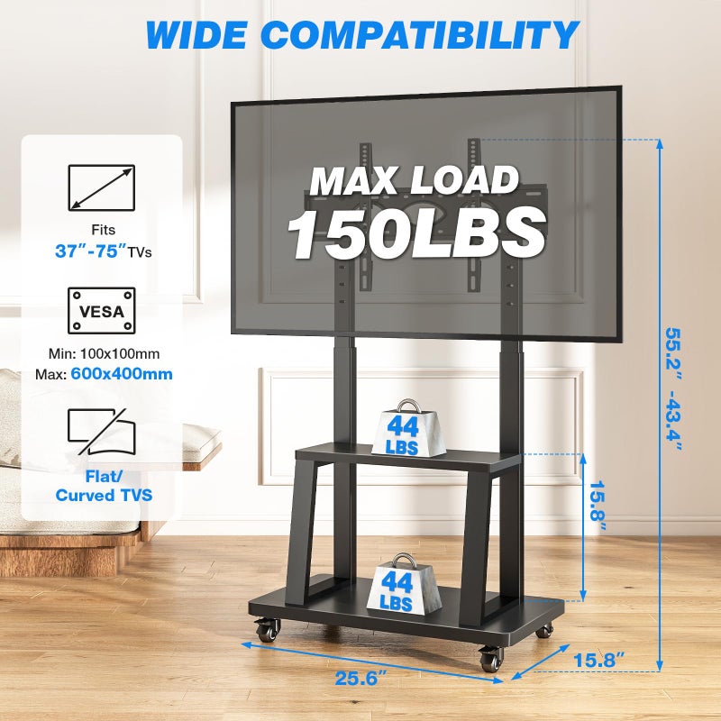 Rfiver Mobile TV Cart Rolling TV Stand for 37-75 inch TVs Up to 150lbs, Heavy-Duty Portable TV Stand on Wheels with 2-Tier Wooden Storage Shelves, Height Adjustable, Max VESA 600x400mm, Black - Image 2