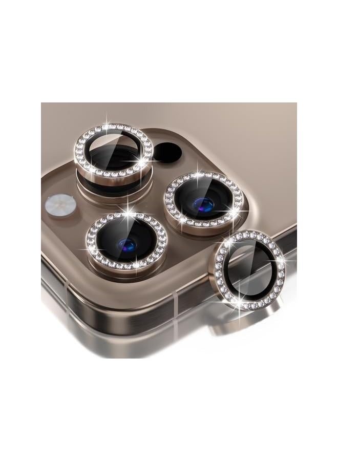 بروماس متوافق مع iPhone 16 Pro/iPhone 16 Pro Max واقي عدسة الكاميرا بلينغ، غطاء كاميرا من الزجاج المقوى 9H واقي شاشة حلقة معدنية ملحقات تزيين (صحراء الماس والتيتانيوم) - Image 1