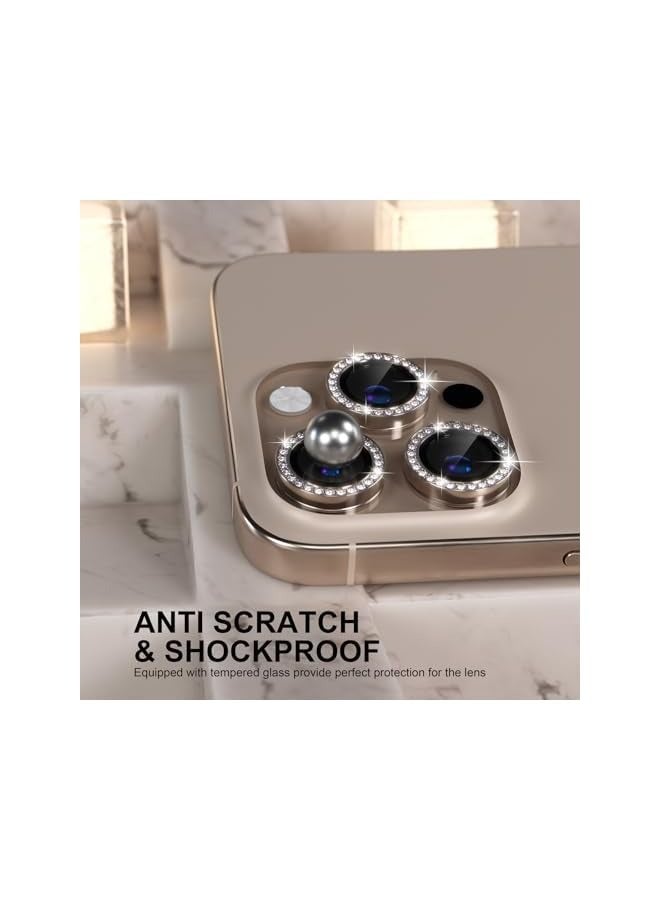بروماس متوافق مع iPhone 16 Pro/iPhone 16 Pro Max واقي عدسة الكاميرا بلينغ، غطاء كاميرا من الزجاج المقوى 9H واقي شاشة حلقة معدنية ملحقات تزيين (صحراء الماس والتيتانيوم) - Image 3
