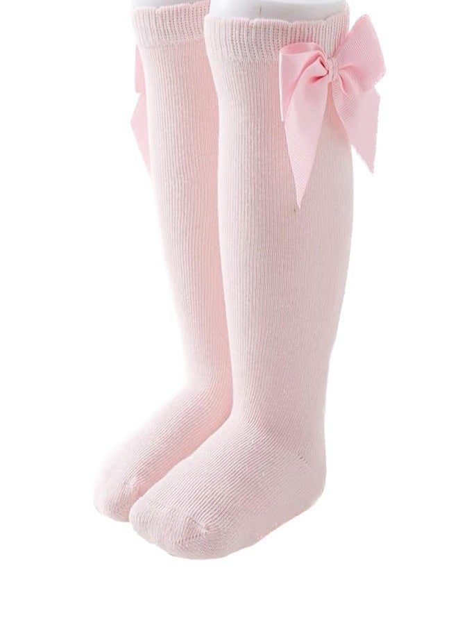 PLZSITDOWN Baby Girl Knee High Socks - Toddler Long Bow Ruffled Socks - Infant Dress Tube Stockings - Pink M - Image 1