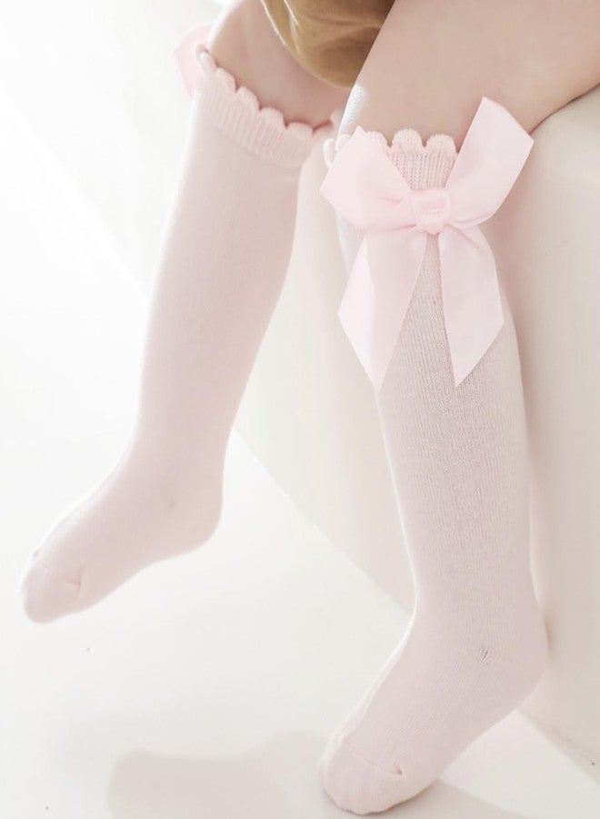 PLZSITDOWN Baby Girl Knee High Socks - Toddler Long Bow Ruffled Socks - Infant Dress Tube Stockings - Pink M - Image 2