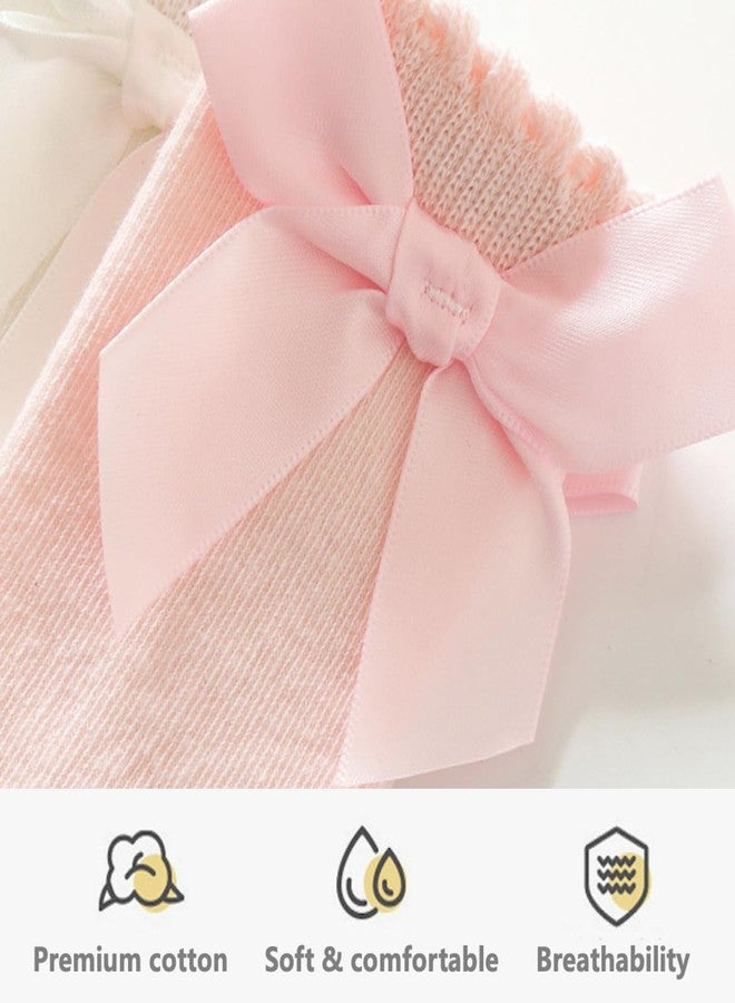 PLZSITDOWN Baby Girl Knee High Socks - Toddler Long Bow Ruffled Socks - Infant Dress Tube Stockings - Pink M - Image 4
