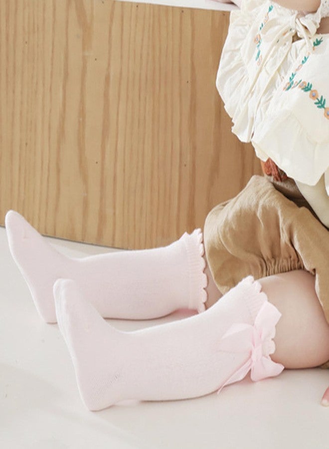 PLZSITDOWN Baby Girl Knee High Socks - Toddler Long Bow Ruffled Socks - Infant Dress Tube Stockings - Pink M - Image 3