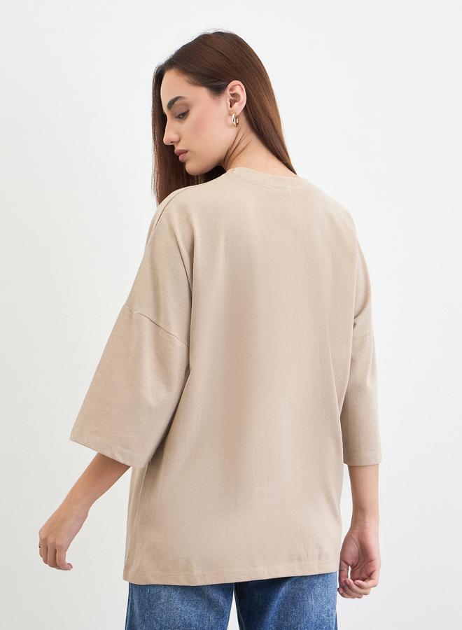 Styli Beige Slogan Embossed Oversized T-Shirt - Image 5