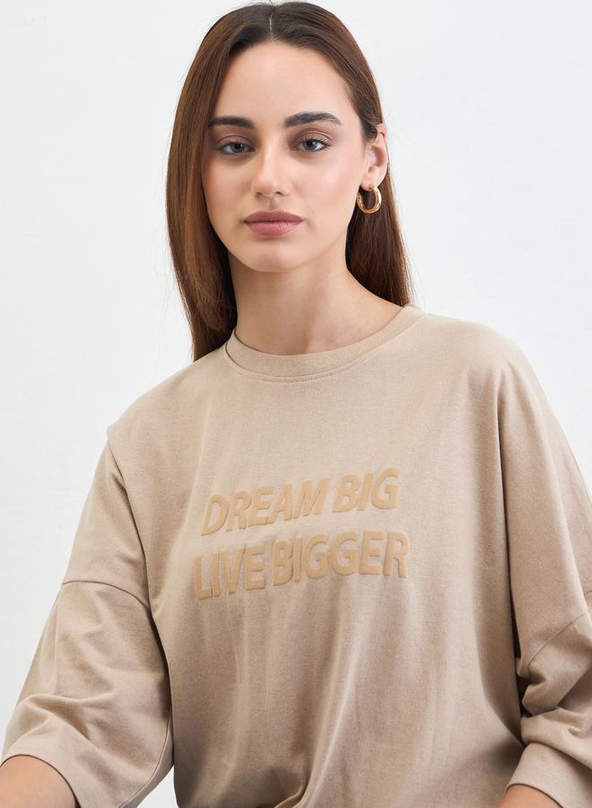 Styli Beige Slogan Embossed Oversized T-Shirt - Image 3