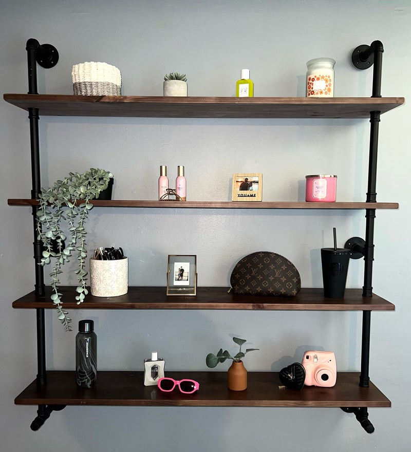 Industrial Pipe Wall Shelves With Real Wood Plank 48 Inches Floating Shelves for Wall 4 Tier Farmhouse Book Shelves Dark Brown for Kitchen Living Room Decor and Bar