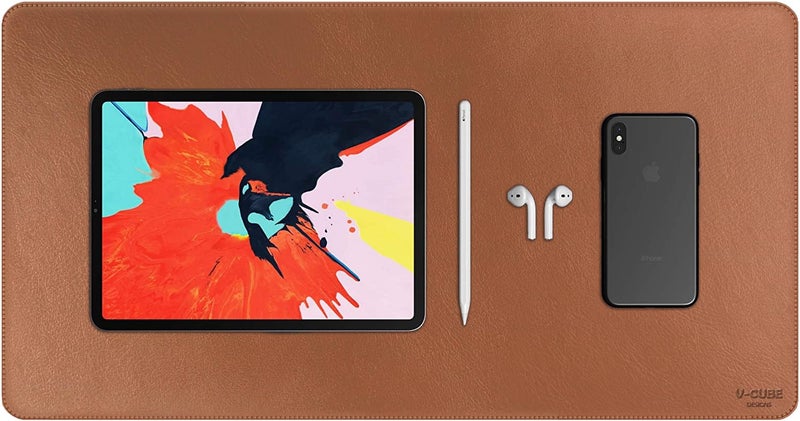 V-CUBE Designs Premium Vegan Leather Desk Mat 60X35cm 2.4mm Thick&Padded|Laptop Mat/Extended Mouse Pad/Stitched, Reversible, Sturdy Deskspread with High Tear/Peel Strength|Anti-Slip,Splash-Proof|Tan - Image 1