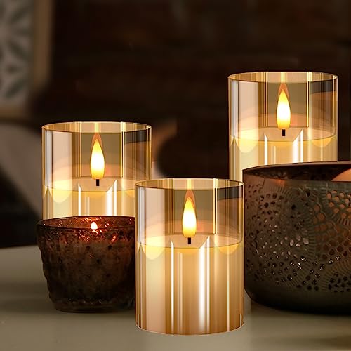 Tyawon Glass Battery Operated LED Flameless Candles with Remote and Timer, Real Wax Candles Warm Color Flickering Light for Festival Wedding Home Party Decor(Pack of 3)-Gold - Image 2