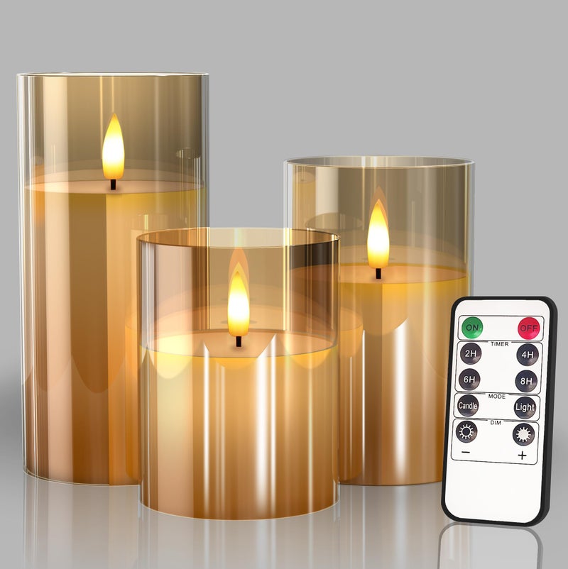 Tyawon Glass Battery Operated LED Flameless Candles with Remote and Timer, Real Wax Candles Warm Color Flickering Light for Festival Wedding Home Party Decor(Pack of 3)-Gold - Image 1