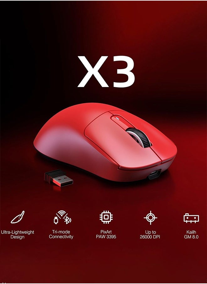 X3 Lightweight Wireless Gaming Mouse with Tri-Mode 2.4G/USB-C Wired/Bluetooth,Up to 26K DPI, PAW3395 Optical Sensor,Kailh GM8.0 Switch,5 programmable Buttons for PC/Win/Mac(Red)