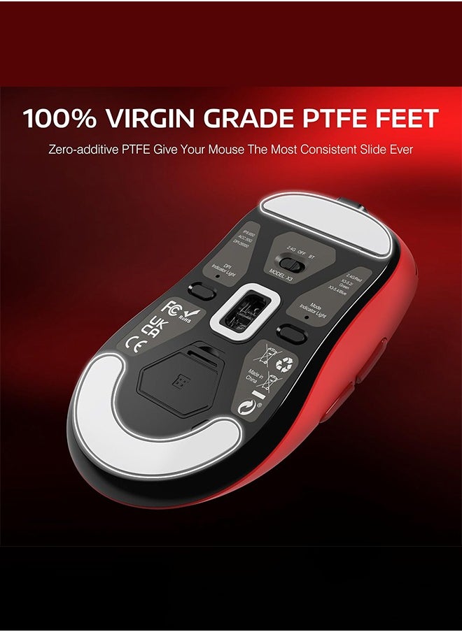 X3 Lightweight Wireless Gaming Mouse with Tri-Mode 2.4G/USB-C Wired/Bluetooth,Up to 26K DPI, PAW3395 Optical Sensor,Kailh GM8.0 Switch,5 programmable Buttons for PC/Win/Mac(Red)