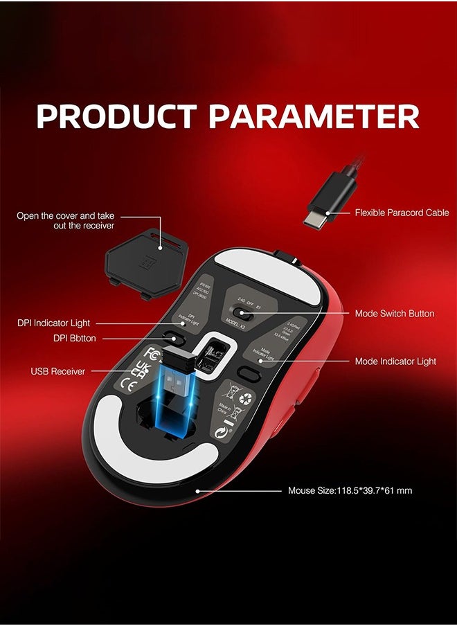 X3 Lightweight Wireless Gaming Mouse with Tri-Mode 2.4G/USB-C Wired/Bluetooth,Up to 26K DPI, PAW3395 Optical Sensor,Kailh GM8.0 Switch,5 programmable Buttons for PC/Win/Mac(Red)