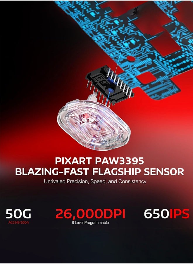 X3 Lightweight Wireless Gaming Mouse with Tri-Mode 2.4G/USB-C Wired/Bluetooth,Up to 26K DPI, PAW3395 Optical Sensor,Kailh GM8.0 Switch,5 programmable Buttons for PC/Win/Mac(Red)