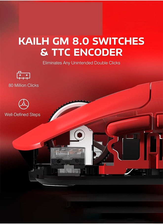 X3 Lightweight Wireless Gaming Mouse with Tri-Mode 2.4G/USB-C Wired/Bluetooth,Up to 26K DPI, PAW3395 Optical Sensor,Kailh GM8.0 Switch,5 programmable Buttons for PC/Win/Mac(Red)