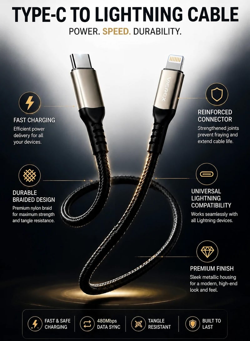 Vierex VC-14 27W USB C to Lightning Fast Charging Cable Power Delivery Braided Charging Cord for iPhone iPad Fast Charge Support, 1m - Image 4