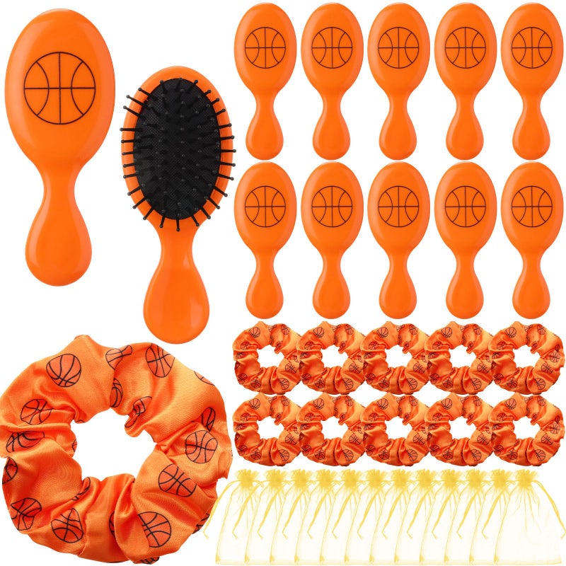 FineCheer 12 Sets Basketball Hair Ties and Hairbrushes Basketball Hair Scrunchie Mini Detangler Brush Sports Elastic Ponytail Holders Sports Party Favors Gift for Teams Women Girls Athlete - Image 1
