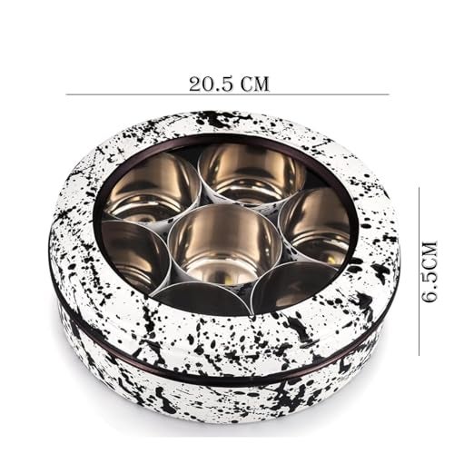 Elan Splatterful Collection Spice Box, Masala Box for Kitchen, Stainless Steel 7 Compartment Multipurpose Tight Lid See Through Round Spice Box/Popula Dabba with Spoon (Black & White, 1500 ml) - Image 2