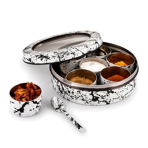 Elan Splatterful Collection Spice Box, Masala Box for Kitchen, Stainless Steel 7 Compartment Multipurpose Tight Lid See Through Round Spice Box/Popula Dabba with Spoon (Black & White, 1500 ml) - Image 5