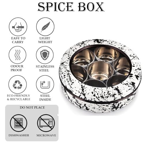 Elan Splatterful Collection Spice Box, Masala Box for Kitchen, Stainless Steel 7 Compartment Multipurpose Tight Lid See Through Round Spice Box/Popula Dabba with Spoon (Black & White, 1500 ml) - Image 4