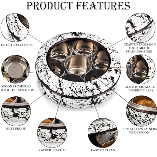 Elan Splatterful Collection Spice Box, Masala Box for Kitchen, Stainless Steel 7 Compartment Multipurpose Tight Lid See Through Round Spice Box/Popula Dabba with Spoon (Black & White, 1500 ml) - Image 3