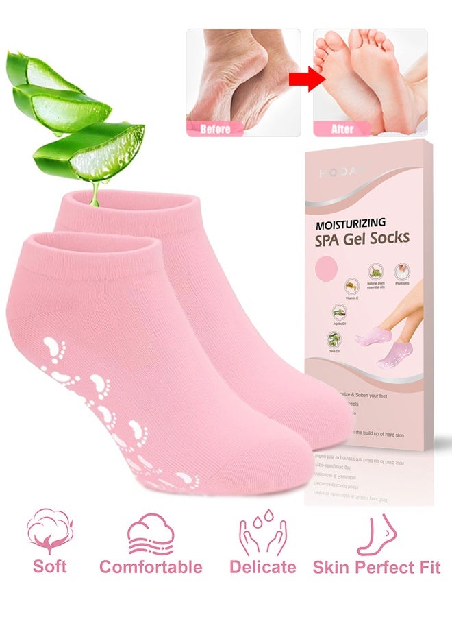 Hodaf 1 Pairs Moisturizing Silicone Gel Socks - Moisturizing Socks - Aloe-Infused Gel - for Cracked Heels & Dry Feet | Reusable Silicone Lined Heel Socks - for Home Use - Say Goodbye to Dry Cracked Feet - with Vitamin E & Essential Oils - Pink - Image 1