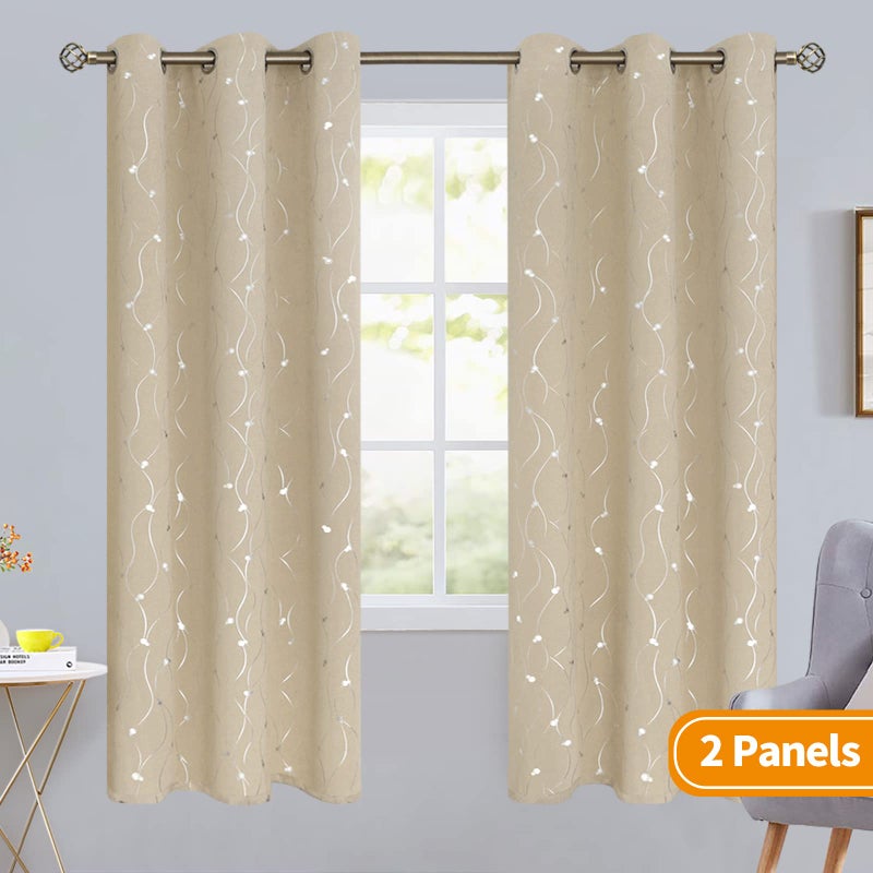 BGment Room Darkening Curtains 72 Inches Long  Grommet Thermal Insulated Blackout Curtains with Wave Line and Dots Printed for Bedroom  2 Panels  Each 42 x 72 Inch  Beige - Image 2
