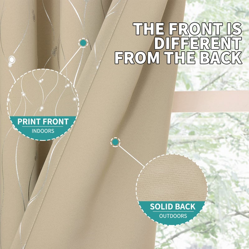 BGment Room Darkening Curtains 72 Inches Long  Grommet Thermal Insulated Blackout Curtains with Wave Line and Dots Printed for Bedroom  2 Panels  Each 42 x 72 Inch  Beige - Image 5