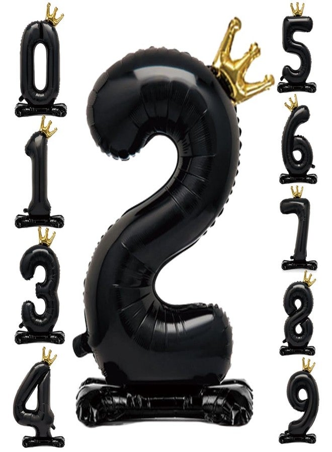 Eoopoon 42 Inch Crown Black Number Balloon 0-9, Number 2 Balloon with Base for Boys Girls 2nd Birthday Party Decoration, Anniversary Decor Theme Party Supplies (Black 2) - Image 1
