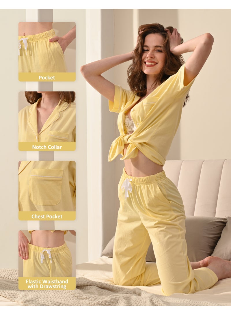 100% Cotton Pajamas for Women Sets 2 Pieces Pjs Button short sleeves with Pockets Soft Sleepwear Loungewear XS-S-M - Image 3