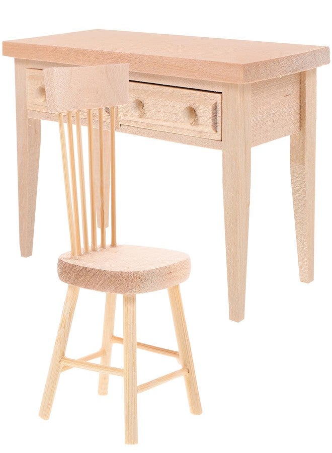 VICASKY 1/12 Scale Miniature Wooden Desk and Chair Set - Beige Craft Furniture for Dollhouse Decoration DIY Diorama Display Photography and Collectible Mini Scenes - Image 1