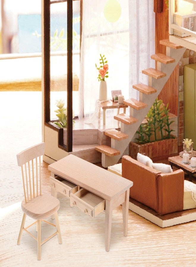 VICASKY 1/12 Scale Miniature Wooden Desk and Chair Set - Beige Craft Furniture for Dollhouse Decoration DIY Diorama Display Photography and Collectible Mini Scenes - Image 3