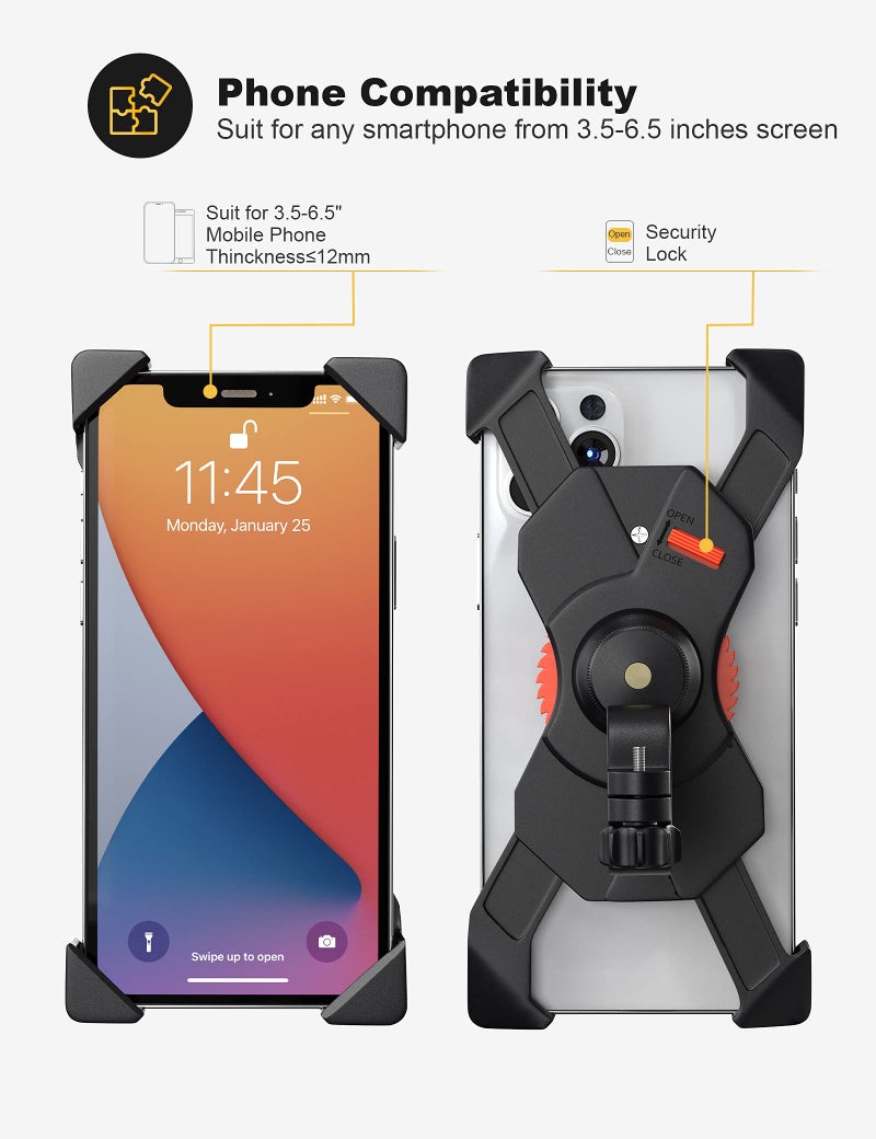 Grefay Bike Phone Holder, Motorcycle Phone Holder with Handlebar Clamp for Bicycle, Suitable with iPhone 16 15 14 Pro Max Plus/13 12 11 Pro Max Mini, XS XR X, SE/3.5-6.5 Inch Smartphone, 360 Rotatable - Image 3