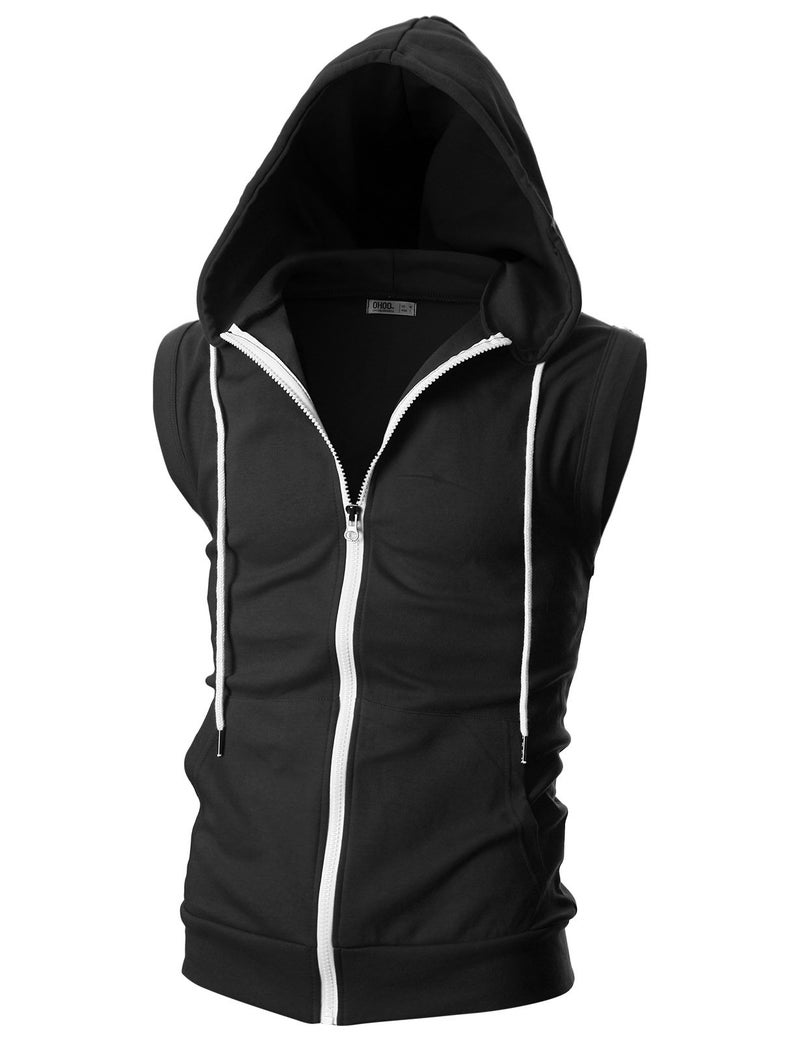 Ohoo Mens Slim Fit Sleeveless Lightweight Zip Up Hooded Sweatshirt Vest Hoodie / DCF012-BLACK-S