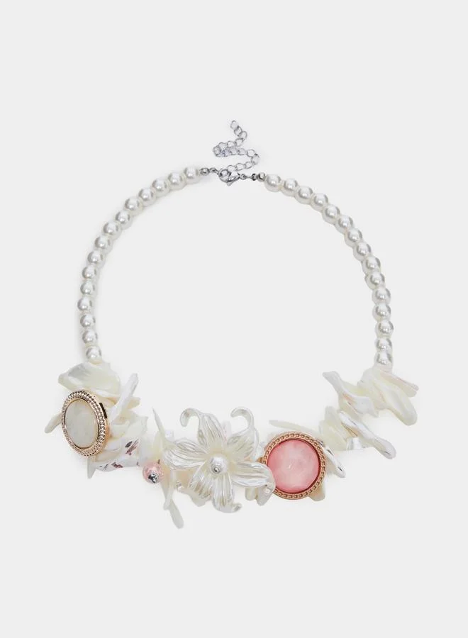 White Pearl and Shell Statement Necklace