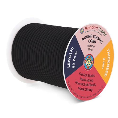 Mandala Crafts 1/8 Inch Elastic Strings for Masks Ear Loops - 50 Yards 3mm Super Soft Black Elastic Cord Round Stretchy Band for Sewing DIY Crafts - Image 1