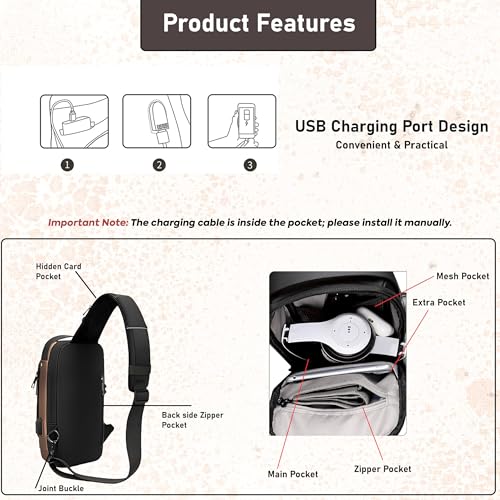 SNDIA Sling Bag for Men Stylish Crossbody Backpack for Men & Women, Anti-Theft Chest Bag with USB Charging Port, Messenger Bags, Casual Shoulder Bag (Black-32 x 17 x 9 cm) - Image 3