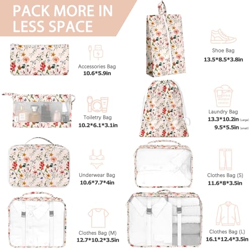 KPX 8 Set Packing Cubes for Travel, Luggage Packing Organizers Accessories Large Toiletries Bag for Clothes Shoes Cosmetics (Retro Flower) - Image 2