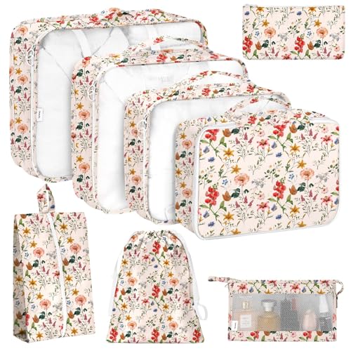 KPX 8 Set Packing Cubes for Travel, Luggage Packing Organizers Accessories Large Toiletries Bag for Clothes Shoes Cosmetics (Retro Flower) - Image 1