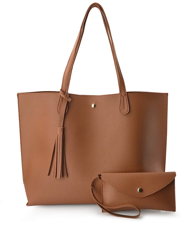 Minimalist Clean Cut Pebbled Faux Leather Tote Womens Shoulder Handbag Brown