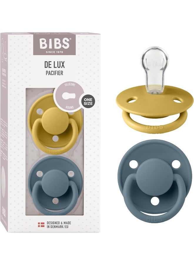 BIBS De Lux Soother 2-Pack, BPA Free Dummy Pacifier, Round Silicone, OneSize (0-36 Months), Mustard/Petrol - Image 1