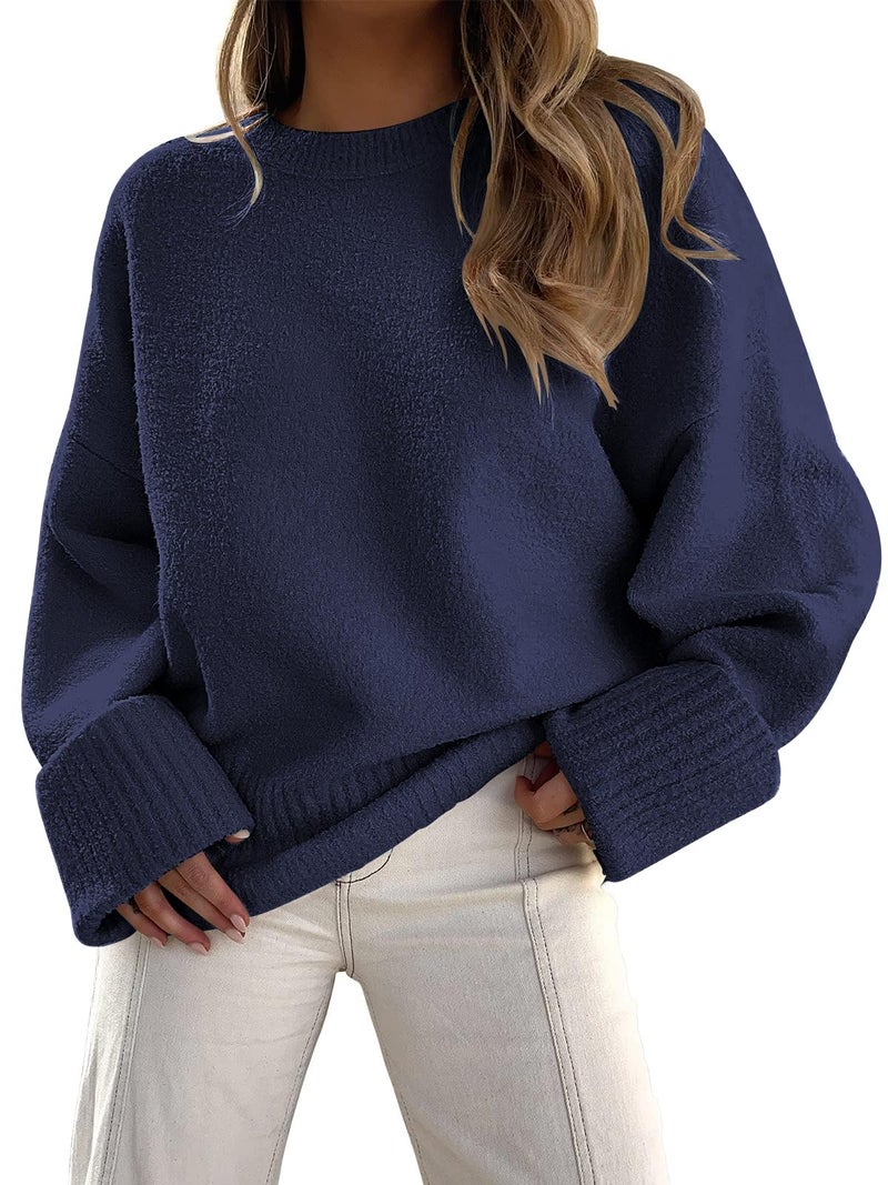 LILLUSORY Oversized Sweater Womens 2025 Fall Fashion Outfits Pullover Long Tunic Old Money Winter Cozy Clothes Cute Crewneck Trendy Knit Chunky Warm Knitted Ladies Top Navy Blue - Image 1