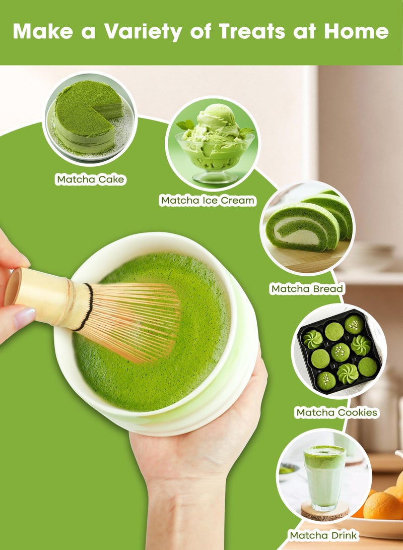 Xkimos Matcha Tea Set 5 Pieces, Traditional Japanese Tea Set, Including Matcha Bowl, Matcha Bamboo Whisk, Spoon, Stainless Steel Tea Sieve, Whisk Stand, Perfect with Traditional Matcha, Green - Image 2