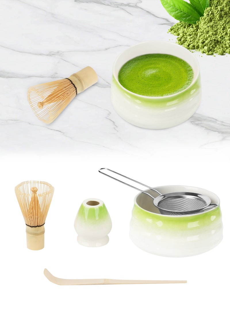 Xkimos Matcha Tea Set 5 Pieces, Traditional Japanese Tea Set, Including Matcha Bowl, Matcha Bamboo Whisk, Spoon, Stainless Steel Tea Sieve, Whisk Stand, Perfect with Traditional Matcha, Green - Image 1
