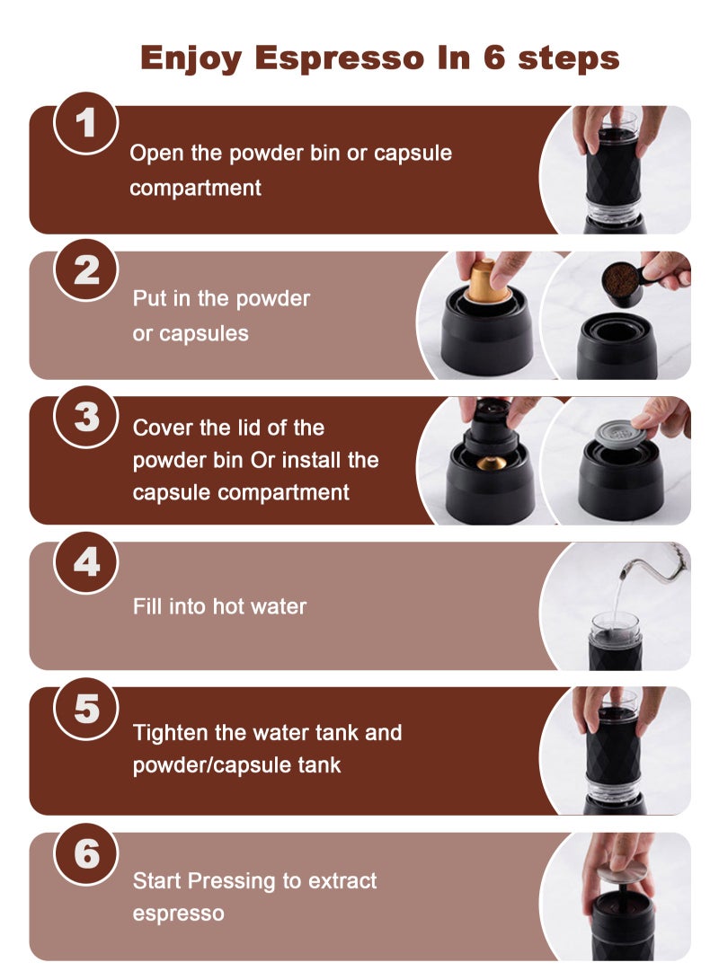 Cafelffe 3-in-1 Portable Espresso Coffee Machine Manual Milk Frother For Nespresso Capsule and Coffee Powder 120ML Black  - Image 5